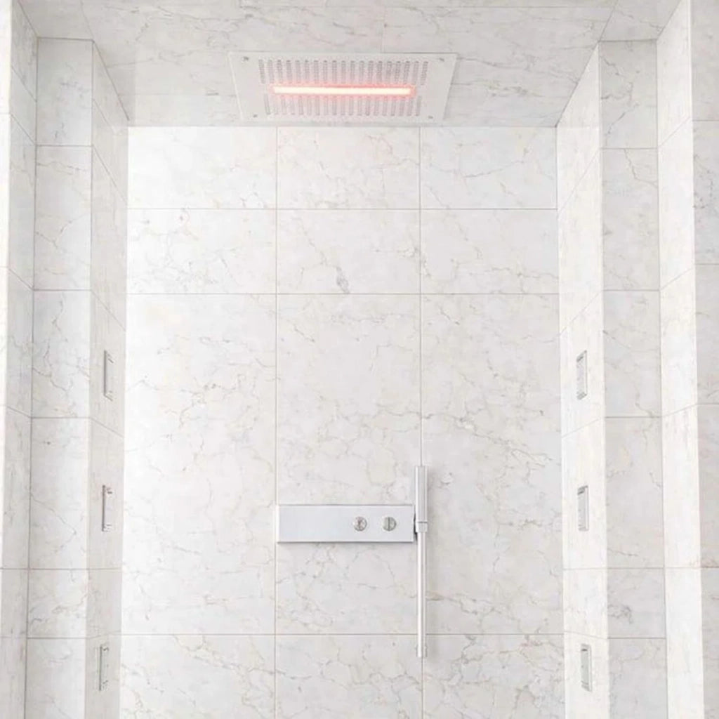 Soffione doccia led a soffitto installazione da incasso con cascata acciaio inox quadro