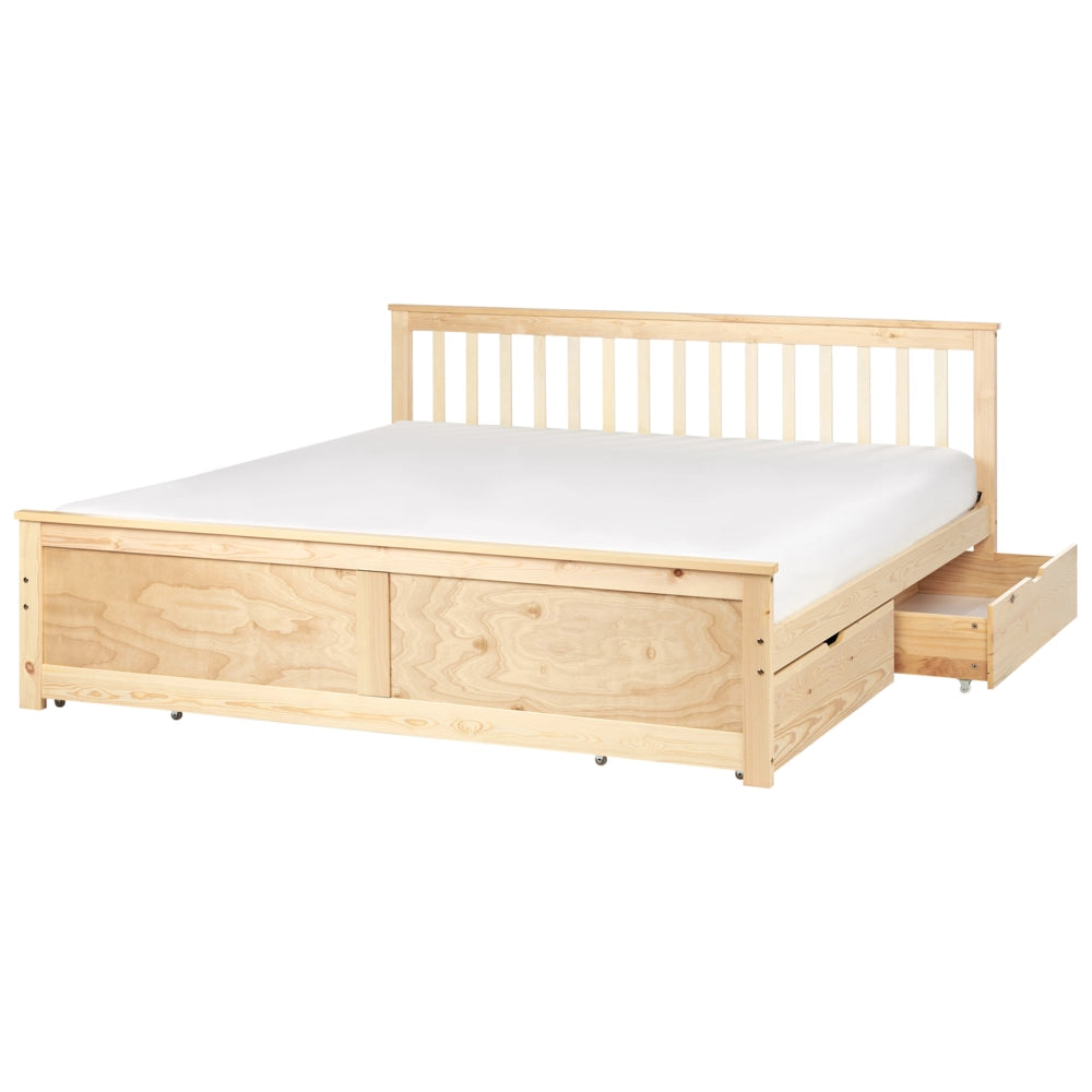 Letto matrimoniale Legno di Pino chiaro con Rete a Doghe con 4 cassetti 180 x 200 cm Testiera a doghe minimalista