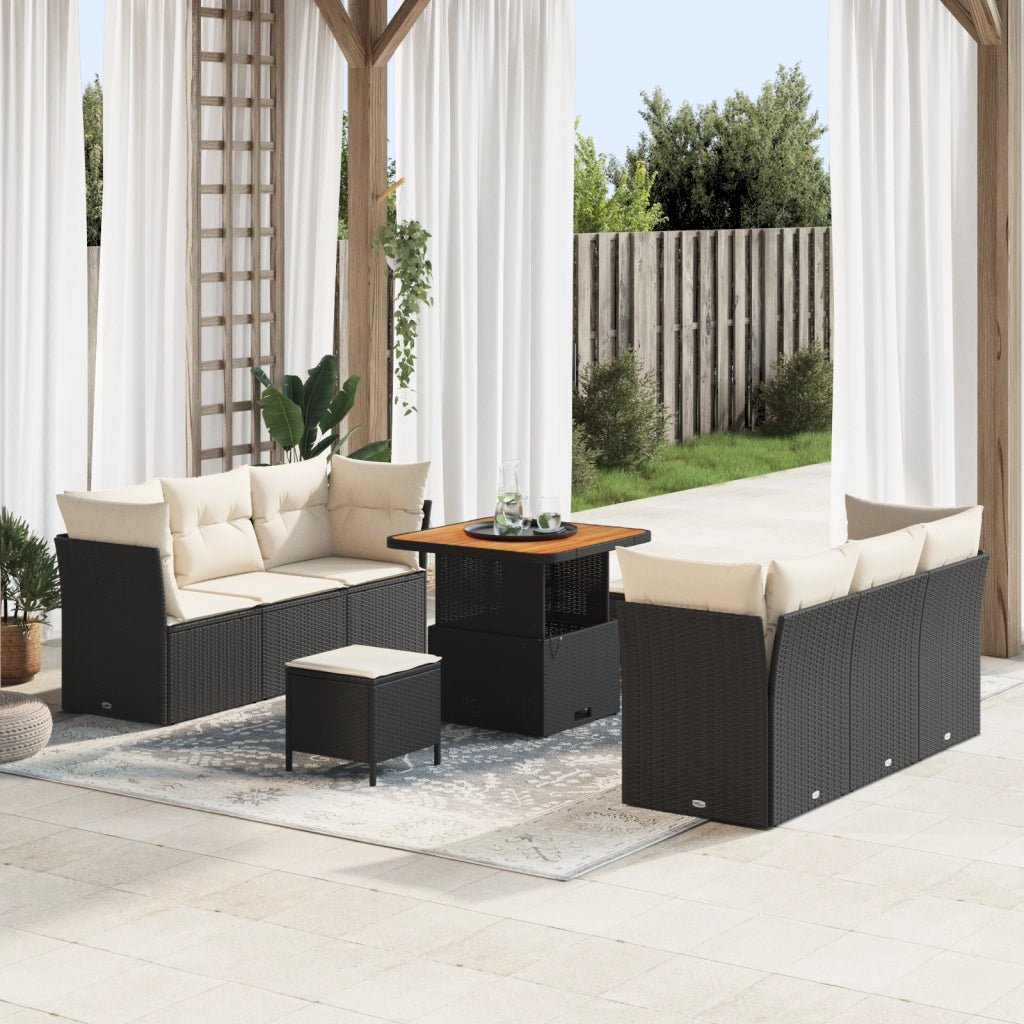 Set da Giardino  9 Pezzi con Cuscini Nero Polyrattan Acacia