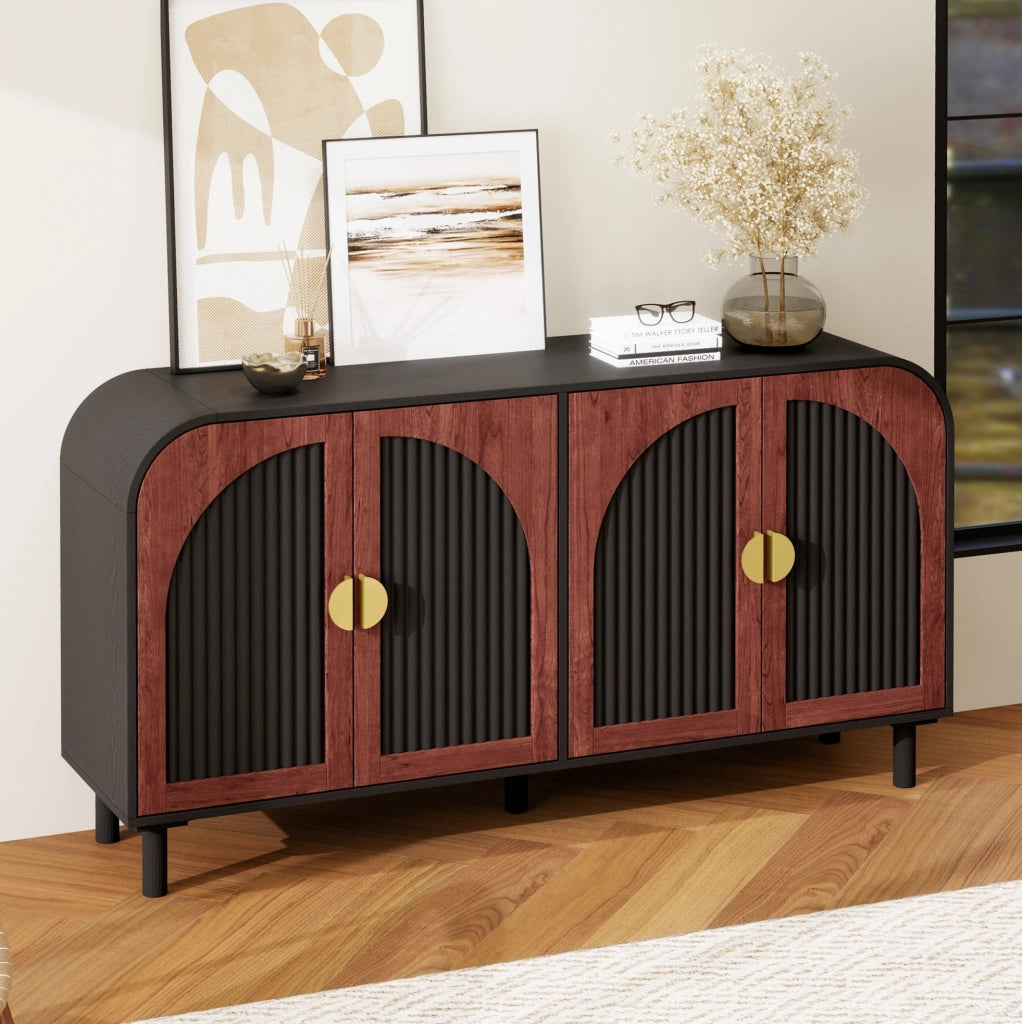 Credenza retrò 150 cm a 4 ante con frontali curvi e ripiani regolabili; nero/noce scuro
