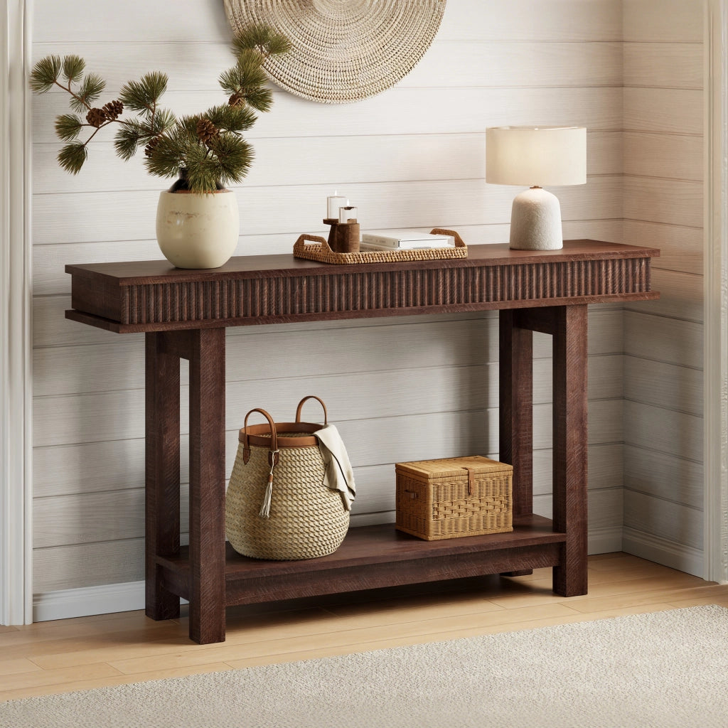 Tavolo Consolle Farmhouse 140cm MDF Effetto Legno Marrone Rossiccio, 140x30x82cm