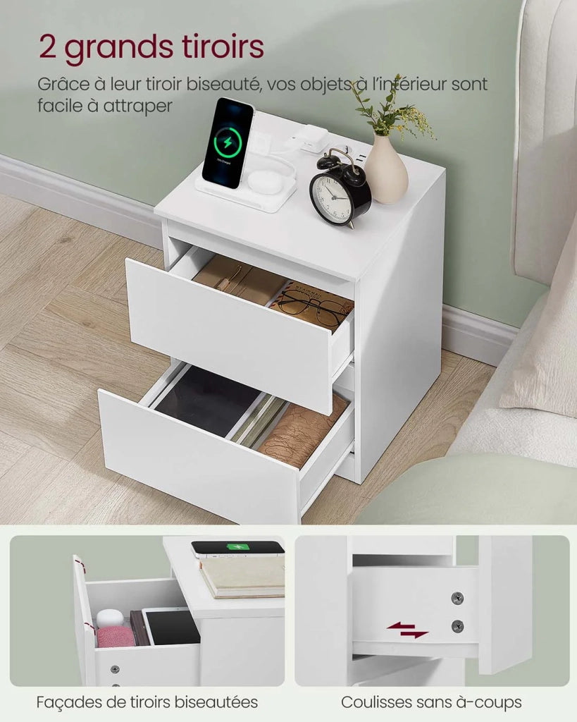 Comodino con multipresa tavolino con 2 cassetti 2 prese CA 2 porte USB-A per soggiorno camera da letto ufficio moderno bianco 12_0007607