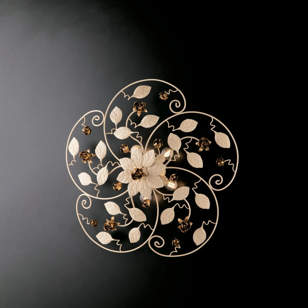 Plafoniera Shabby Chic Bella Metallo Avorio Oro 5 Luci E14