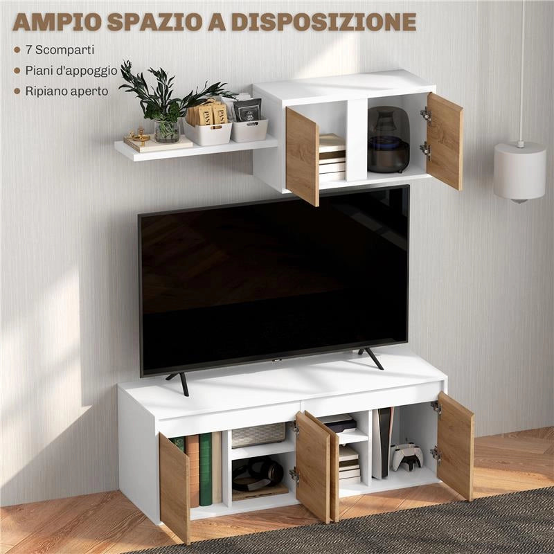 SET MOBILE TV E ARMADIETTO A MURO CON 7 RIPIANI E SCAFFALE APERTO IN LEGNO 120X41X43.3 CM BIANCO E COLOR LEGNO