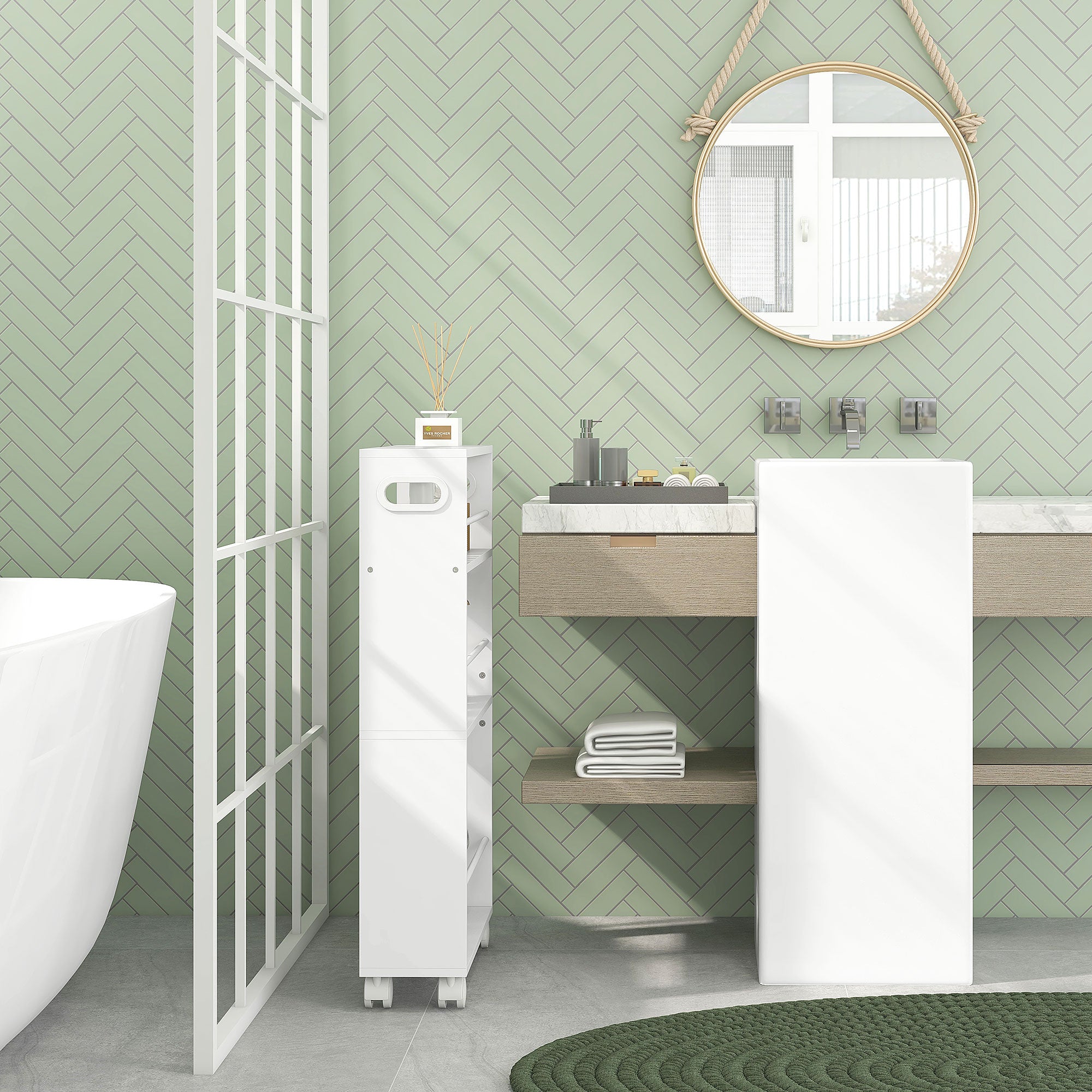 Mobiletto Salvaspazio da Bagno Carrello a 3 Livelli con Ruote e Freni Bianco