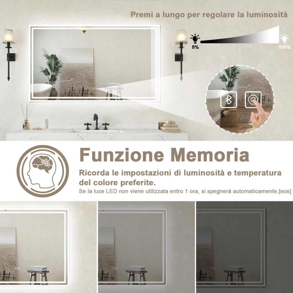 Specchio bagno Rettangolare 100x60cm Led Con 3 Luci + Bluetooth + Antiappannamento