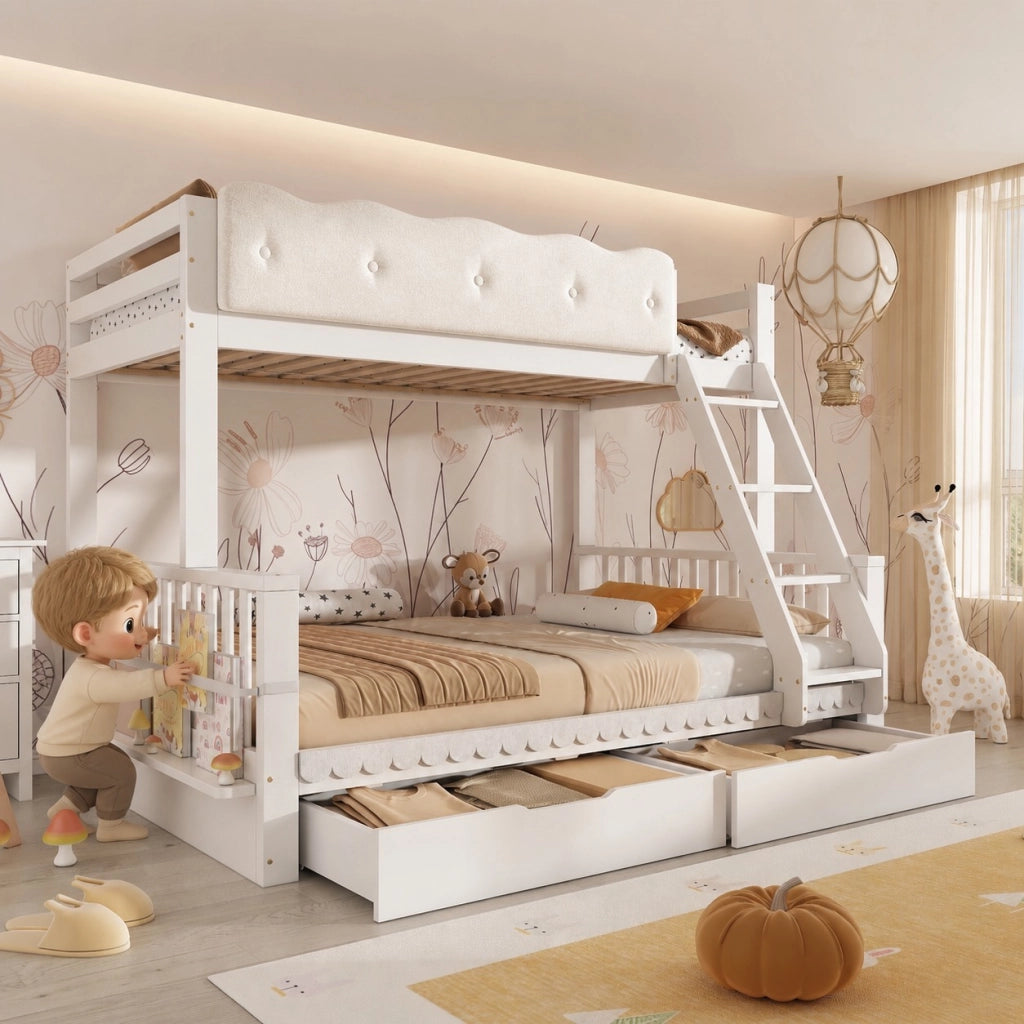 Letto a castello familiare 90x200/140x200 cm in legno, bianco, con cassetti e portagiornali