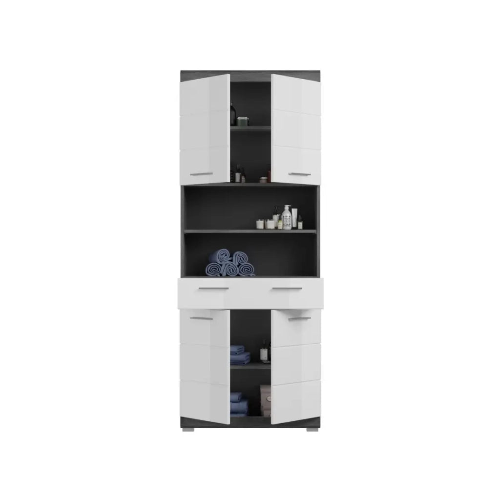 Colonna da bagno SCOTT – 4 porte e 1 cassetto – Grigio scuro e bianco – 74x191x31 cm