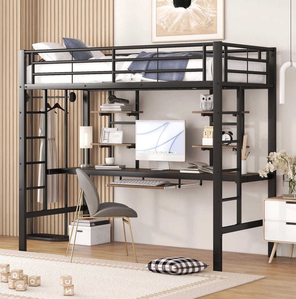 Letto a soppalco in metallo con scrivania e librerie, 90x200 cm, nero