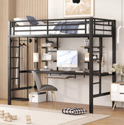 Letto a soppalco in metallo con scrivania e librerie, 90x200 cm, nero