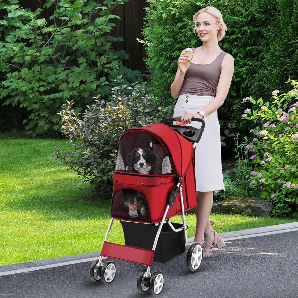 Passeggino per Cani, Carrozzina per Cani Pieghevole Fino a 15 kg, 4 Ruote con Finestra a Rete Porta Bicchiere e Cesto, Passeggino Portatile per Animali Piccola e Media (Rosso)