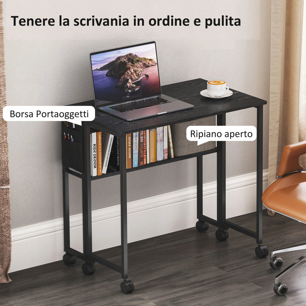 Scrivania Pieghevole Salvaspazio a Ribalta con Scaffale, Tasca Portaoggetti e Ruote, Nero