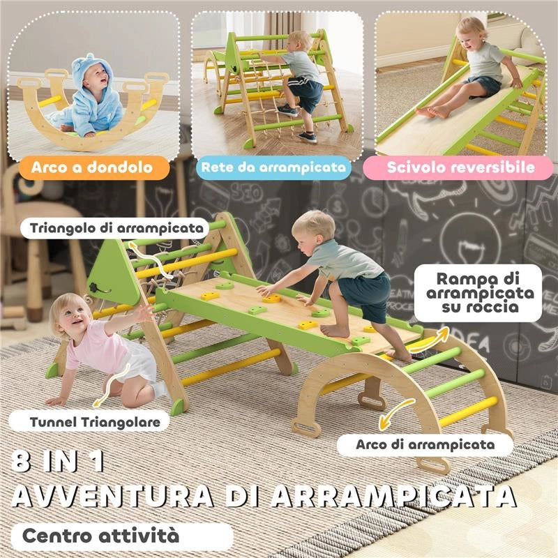 GIOCO PER BAMBINI 8 IN 1 CON TRIANGOLO, PARETE LISCIA E ARCO, IN LEGNO DI PIOPPO E PINO, 191.5X74.5X63 CM