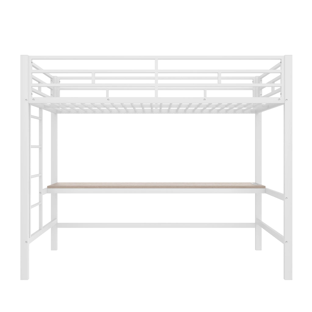 Letto a soppalco singolo 90×200 cm con scala; sponda; scrivania; LED; USB e Type-C; senza materasso; metallo; bianco