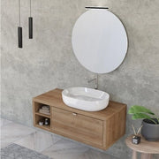 Mobile bagno sospeso 110 cm rovere miele con cassetto e vano a giorno completo di lavabo e specchio Master