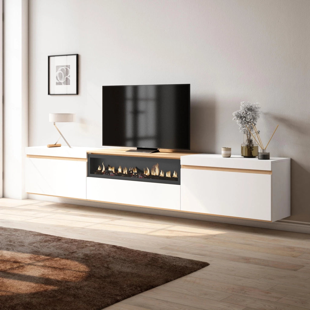 Mobile TV Soggiorno, 260x45x35cm, TV di grande formato, Camino elettrico, Sospeso, da appendere, Bianco e Rovere soft