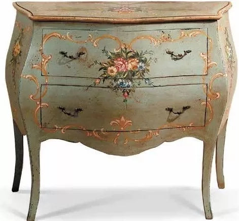 Como' bombato 2 cassetti laccato verde invecchiato con decori misure l.94 p.42 h.80 (1300) - Mobili 2G