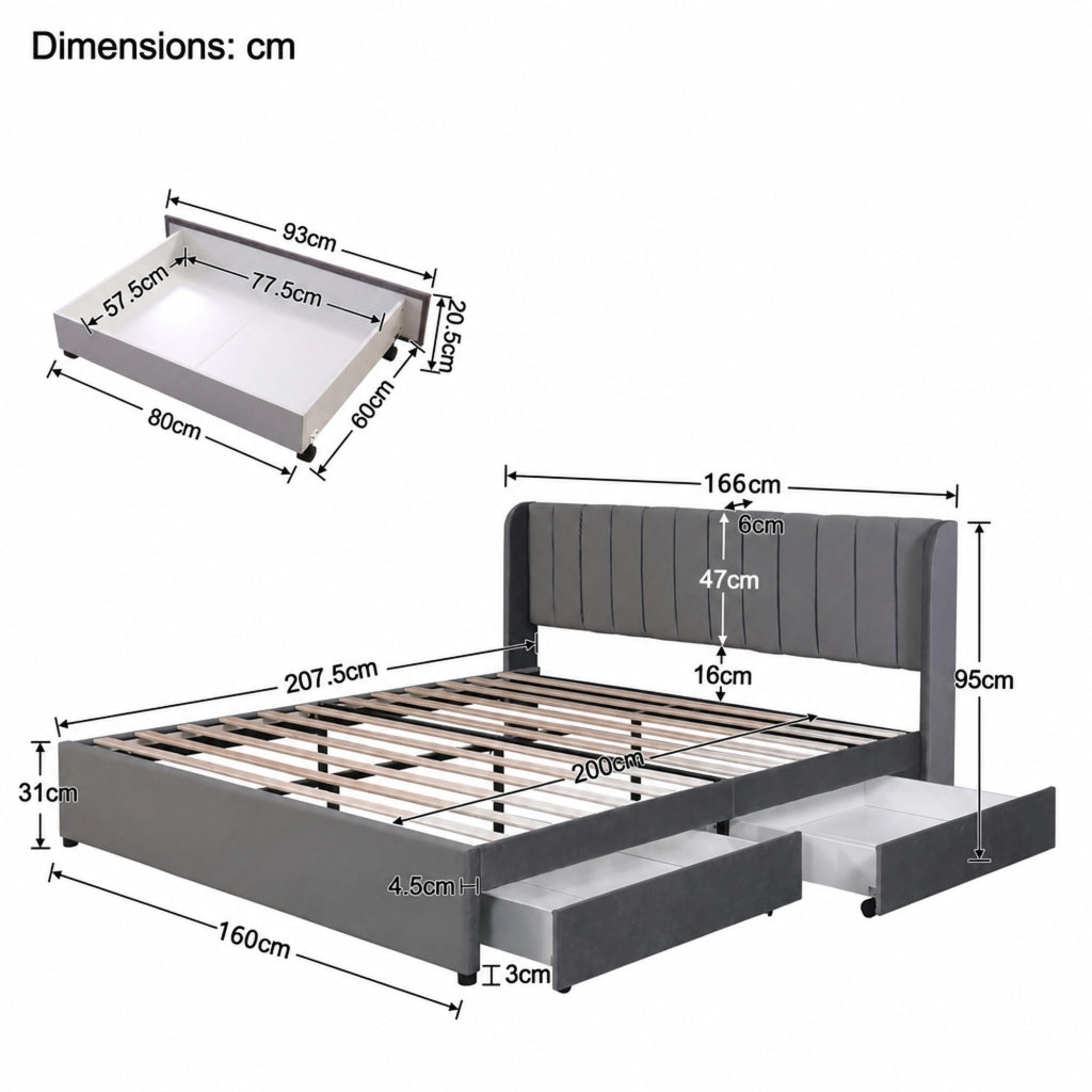 DESMIU Letto Matrimoniale 160 × 200 cm con 2 cassetti, testiera, senza materasso, in velluto, grigio