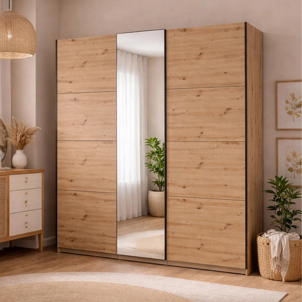 Armadio Camera da Letto Porlezza, Guardaroba Grande Appendiabiti, 195x217.5h cm Marrone Rovere Nodi
