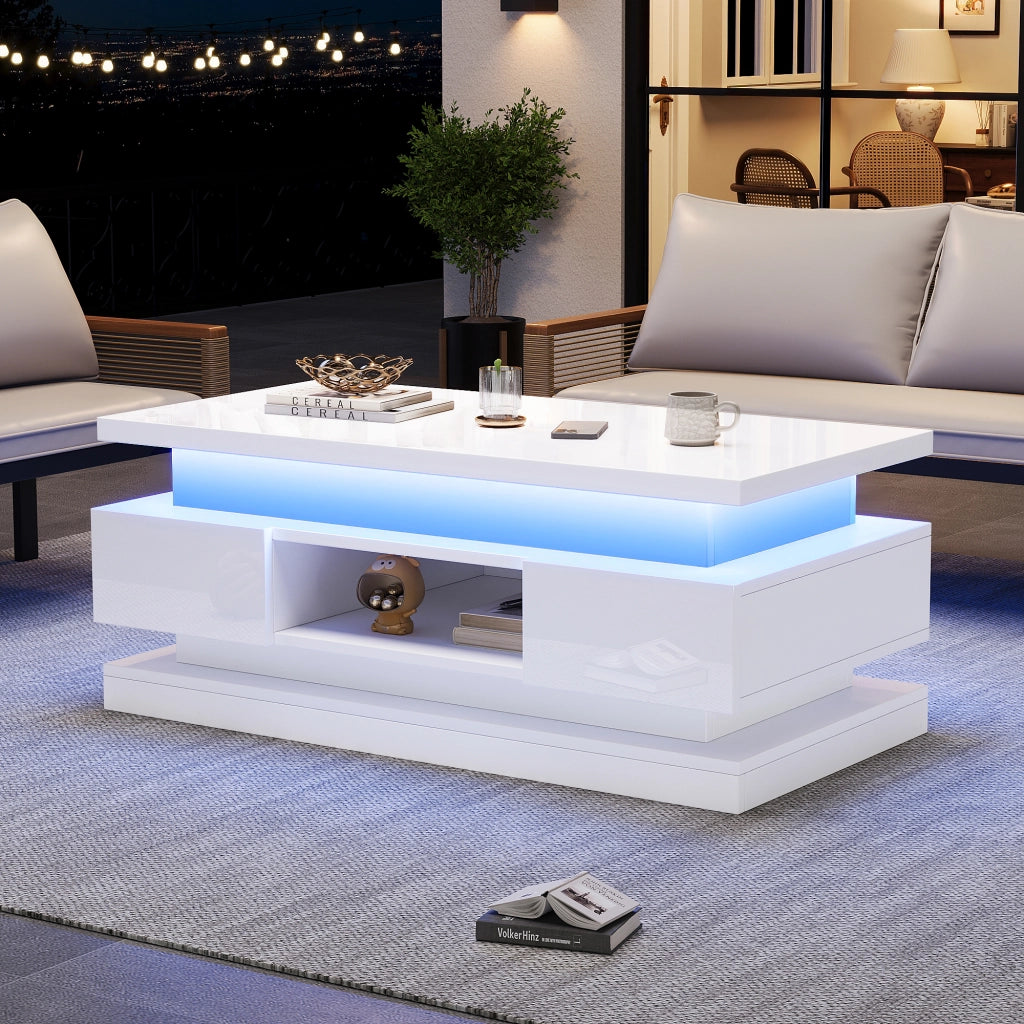 Tavolino basso sollevabile con 2 cassetti e LED in truciolare bianco per soggiorno 100 × 50 × 40 cm