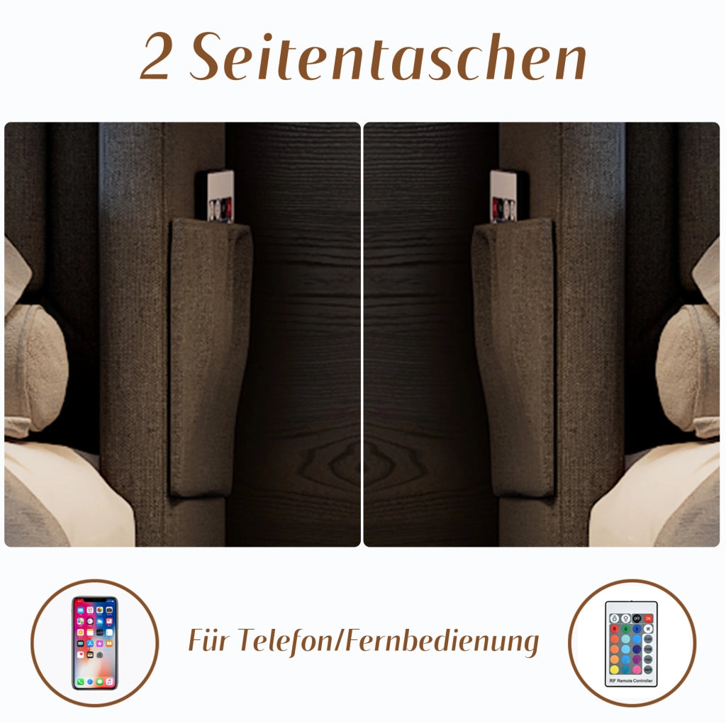 Letto singolo 90x200 cm con contenitore; LED e USB-C; in cotone e lino; grigio
