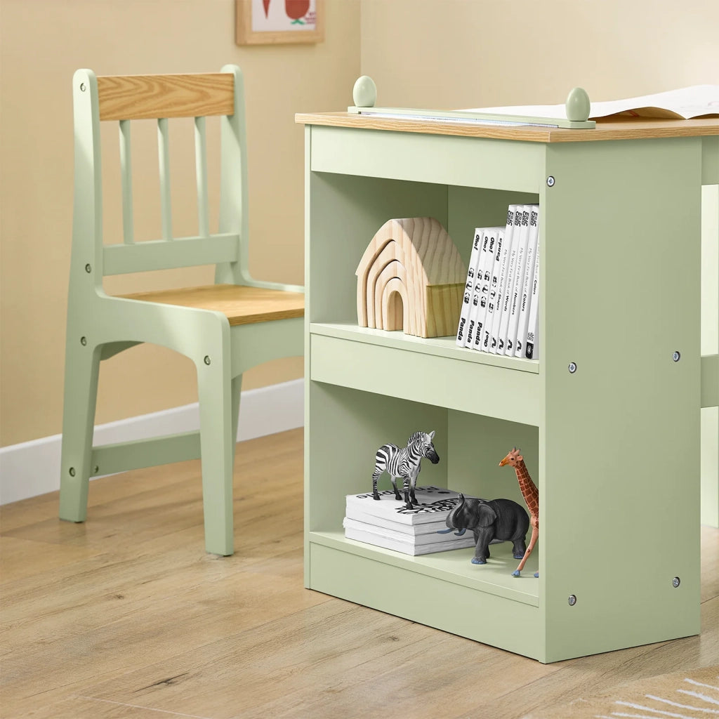 SoBuy Tavolino Bambini con 1 Sedia, Set Tavolo e Sedie per Bambini Multiattività con 2 Ripiani, Tavolo Disegno e Gioco, Sedia Scrivania Cameretta Verde 80x50x66cm KMB60-GR