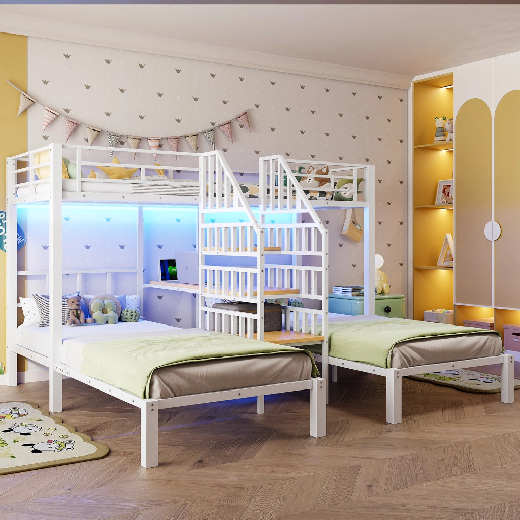 DESMIU Letto a castello 3 posti 90 × 200 cm con LED, USB, presa, scrivania e ripiani, senza materasso