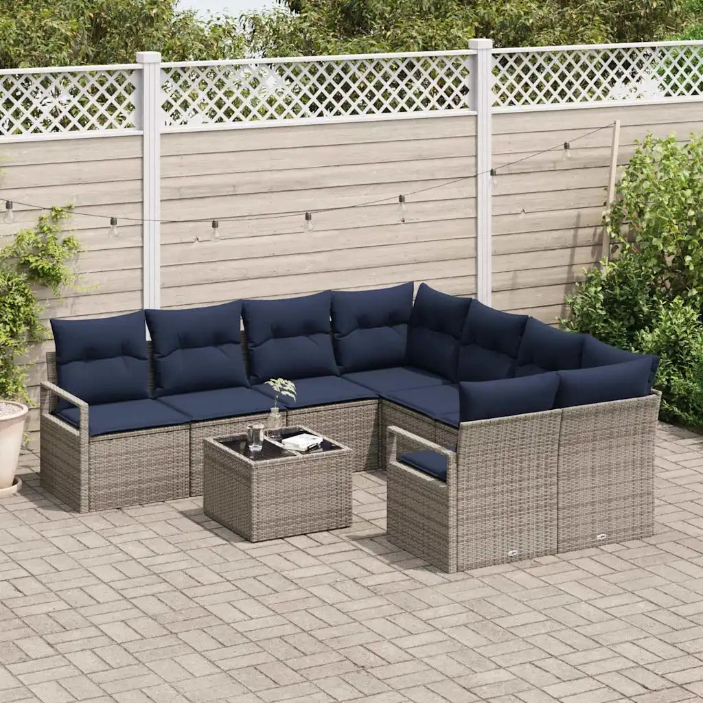 Set di divani con cuscino 9 pcs Grigio e Blu Navy polyrattan
