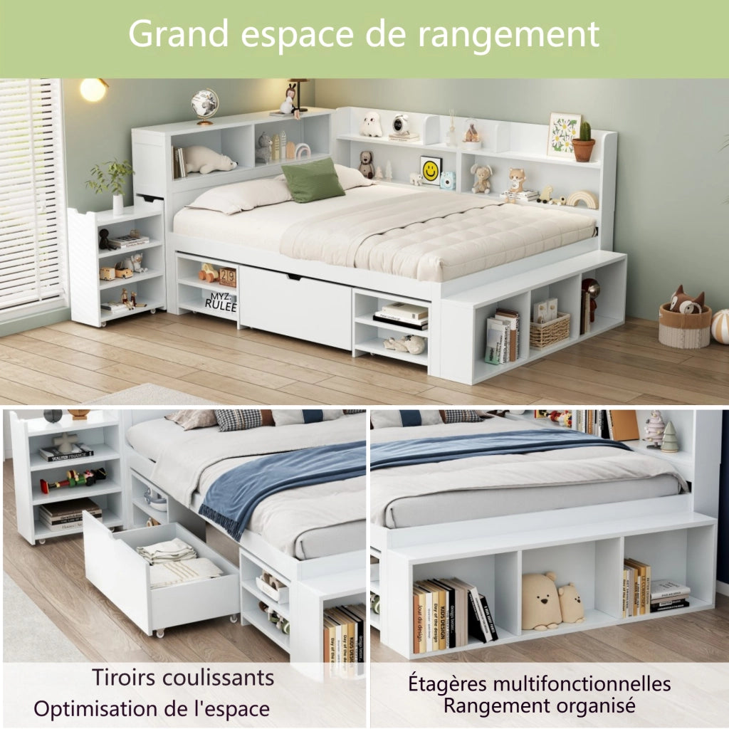 Letto singolo per bambini 140x190 cm con cassetti e vani portaoggetti; in compensato bianco