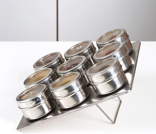 Set di 9 contenitori per spezie in acciaio inossidabile e vetro, con contenitore per spezie magnetico, contenitori per spezie con coperchio per aroma.