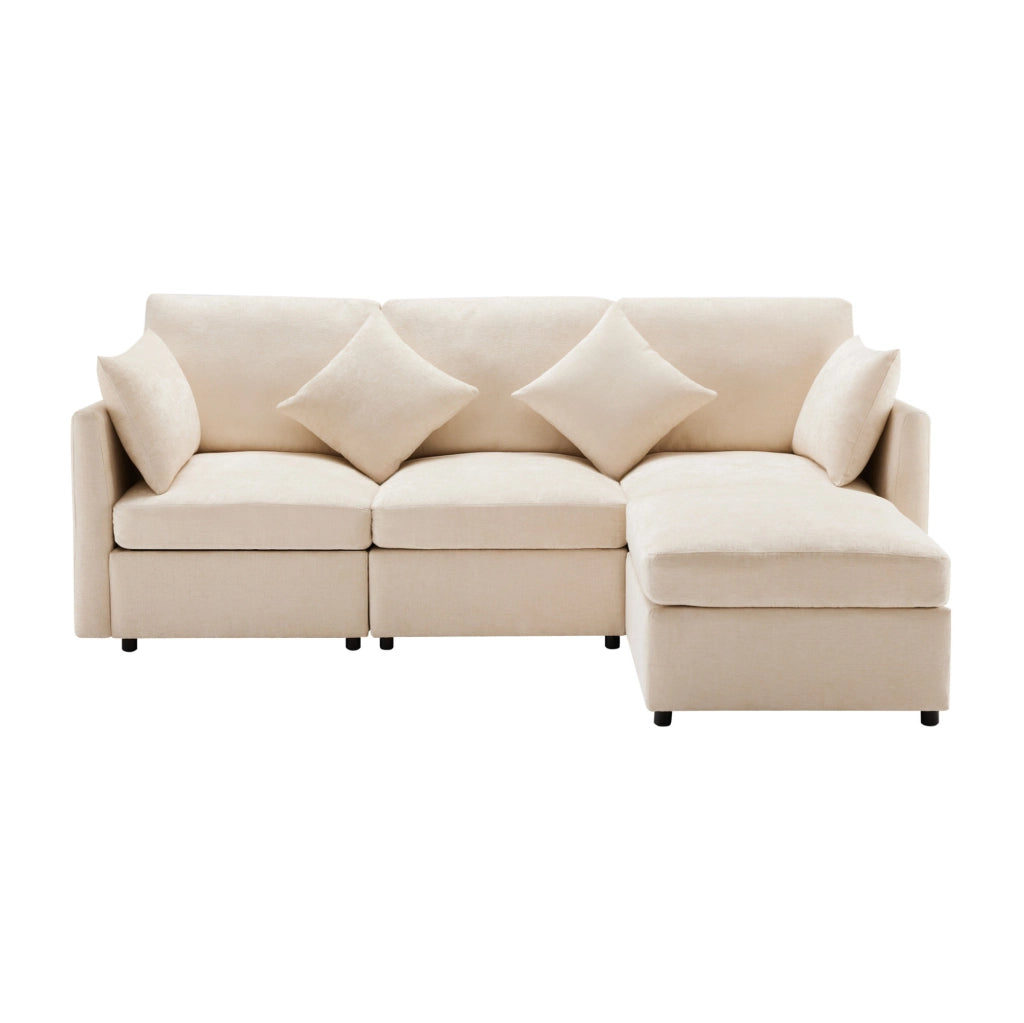 Divano angolare modulare 216x161x81 cm in chenille beige con pouf mobile e 4 cuscini –