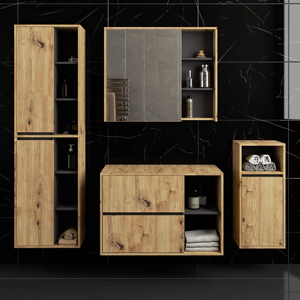 Set di mobili da bagno sospesi VAMI in Rovere Artisan con interno Grigio Grafite con fori per lavabo da appoggio
