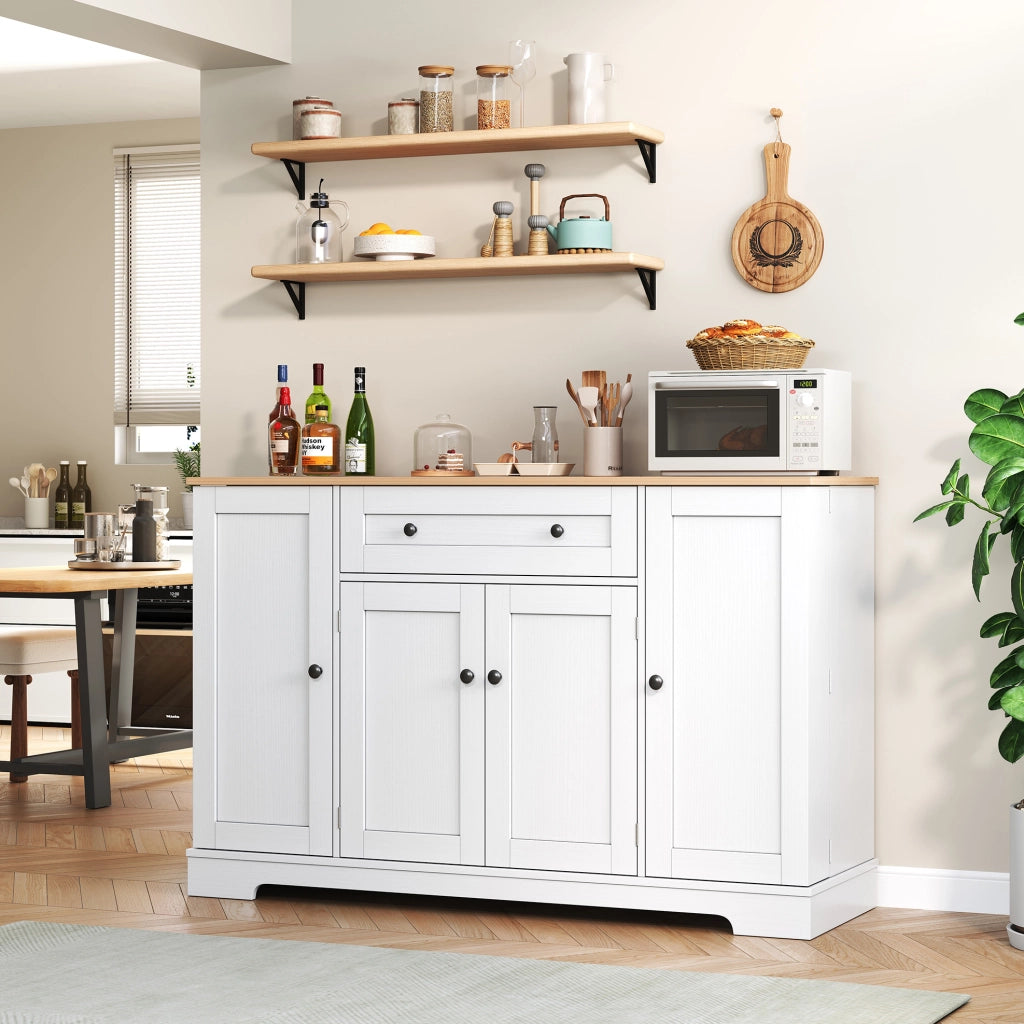 Credenza moderna da cucina 138 cm con cassetto e ante; in MDF naturale e bianco