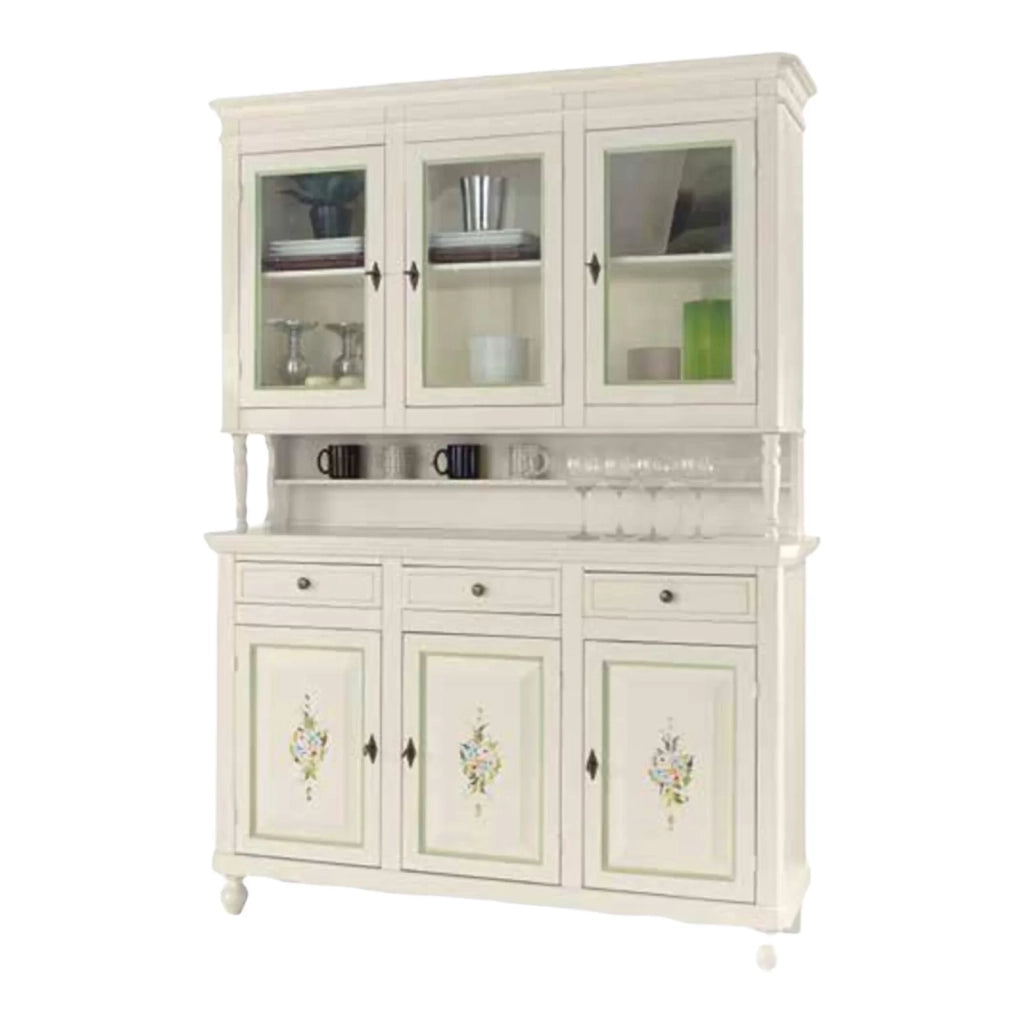 Cristalliera 3 porte napoletana legno bianco sporco decori l.150 p.43 h.208 (492) - Mobili 2G