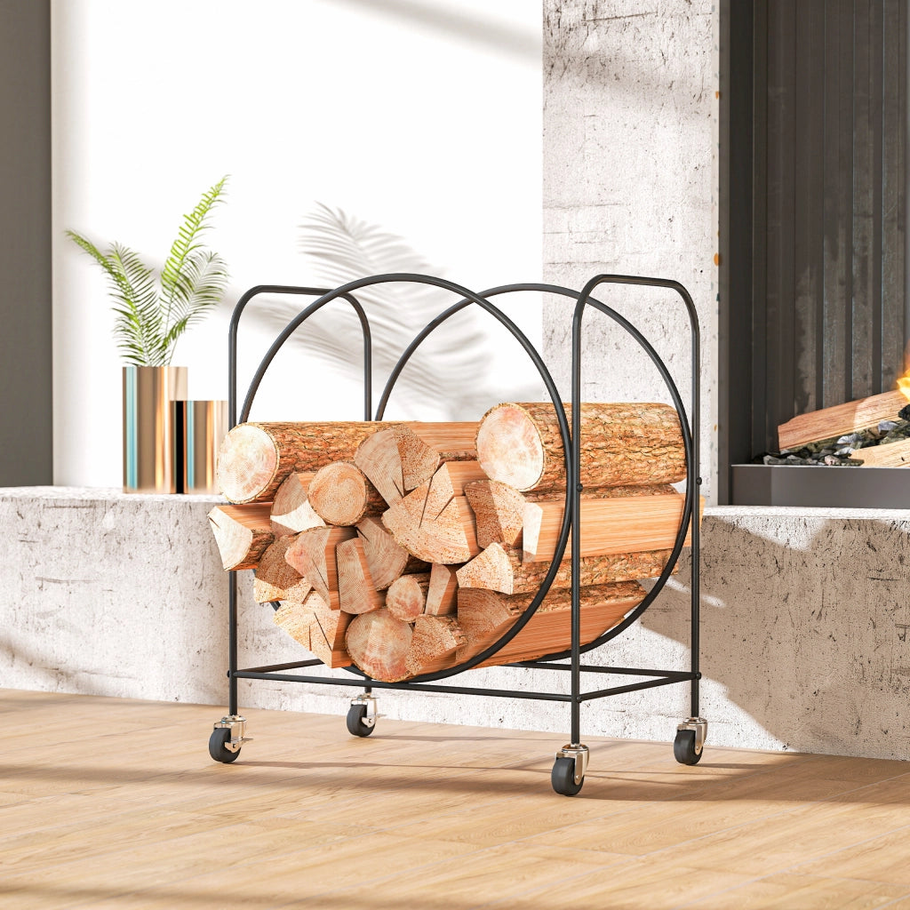 Porta Legna Metallico con Ruote per Interno ed Esterno ¨C zephmum ¨C Nero 51x30x60 cm