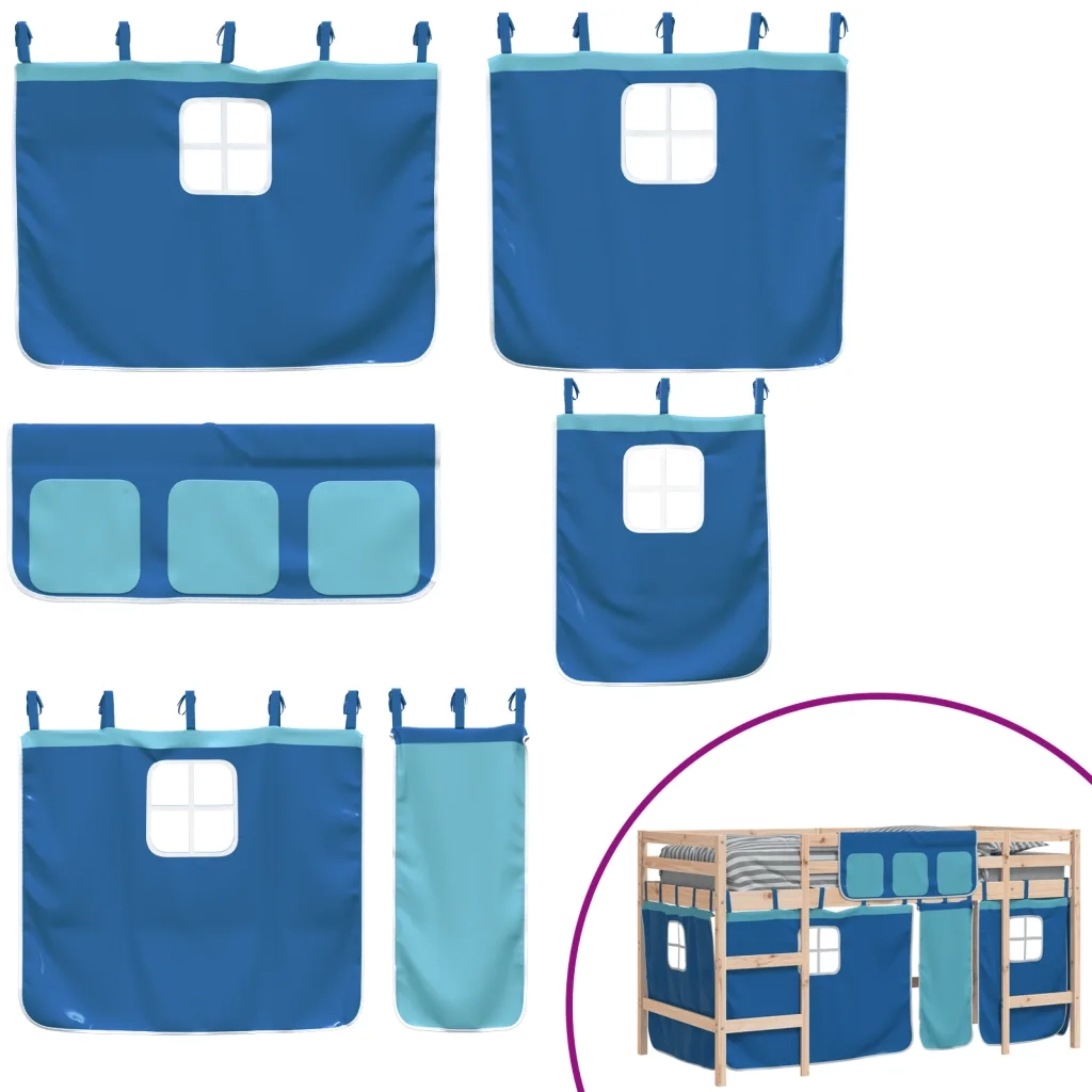 Letto a Soppalco con Tende Bambini | Letto Infantile | Lettino Blu 80x200 cm Massello Pino