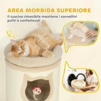 Torre Tiragraffi per Gatti Alta 96 cm con 3 Casette e Lettino Superiore Rimovibile e Lavabile, Crema