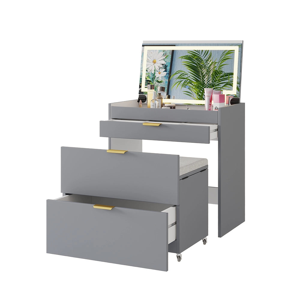 Vicco Tavolino da toilette Grigio 80 cm con panca e specchio LED