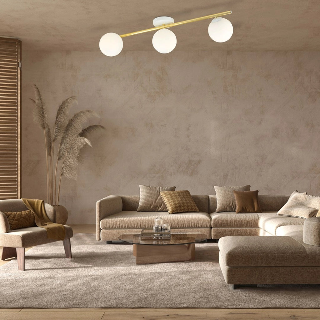 Lampada a sospensione SPLENDI con struttura dorata e sfere in vetro bianco