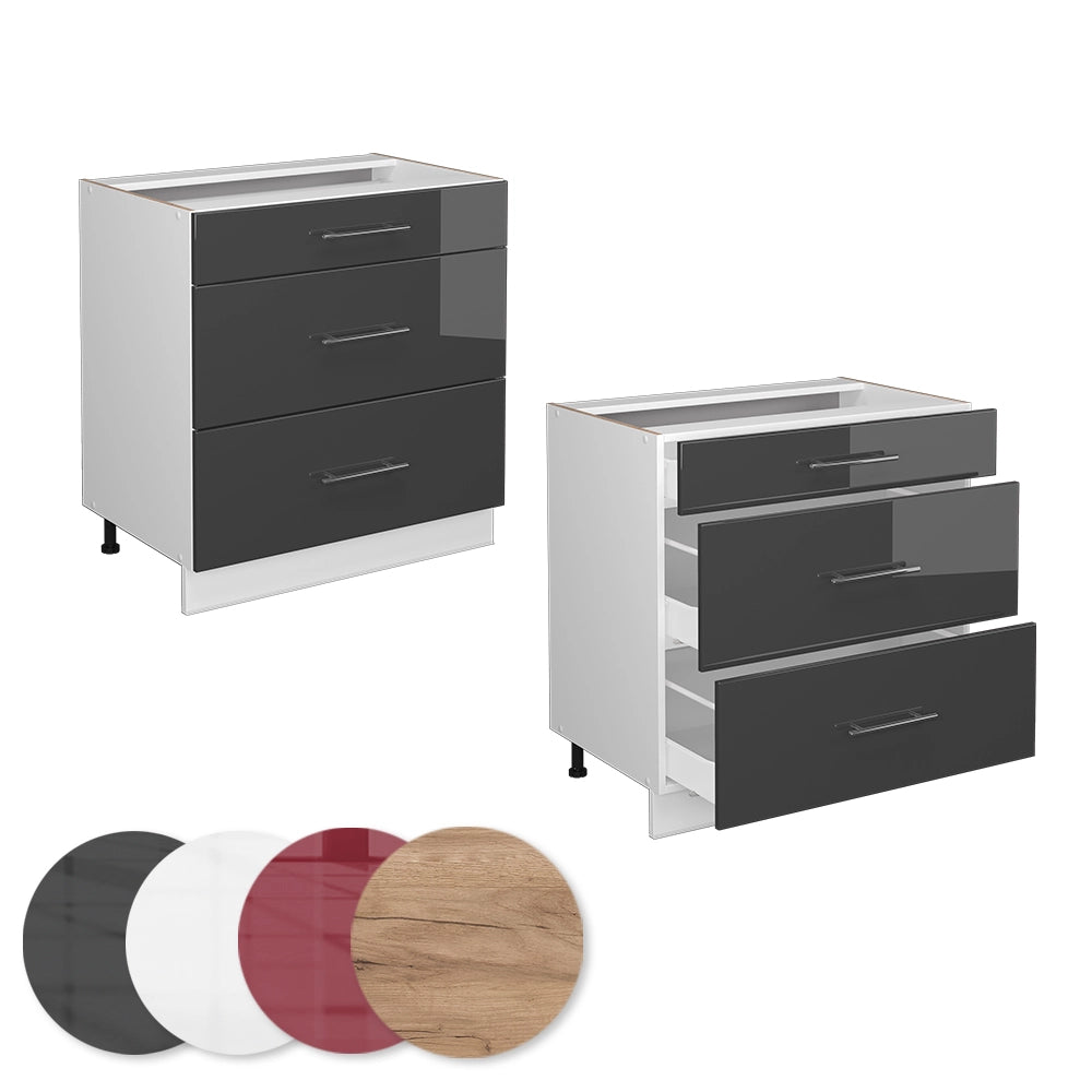 Mobiletto base per cucina Fame-Line Antracite lucido/Bianco 80 cm con 3 cassetti, senza piano di lavoro Vicco