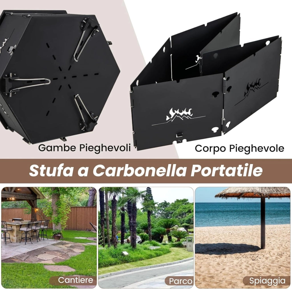 Barbecue a Carbone Portatile, Barbecue a Carbone da Esterno con Griglia Girevole a 360Â°, Corpo e Gambe Pieghevoli, per Feste, Campeggio, Escursioni