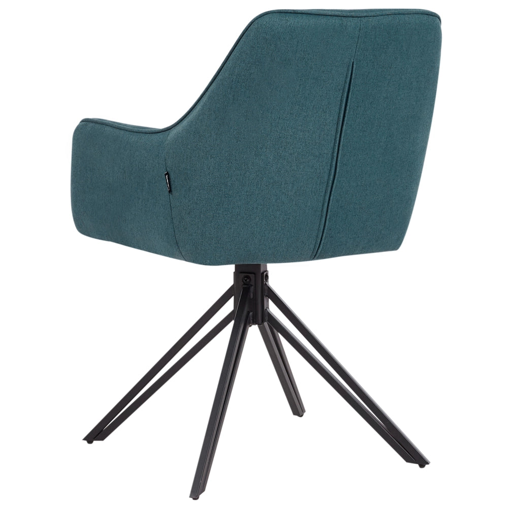 Set di 2 sedie da pranzo girevoli in tessuto blu foglia di tè con braccioli e schienale in metallo nero con gambe in stile retrò