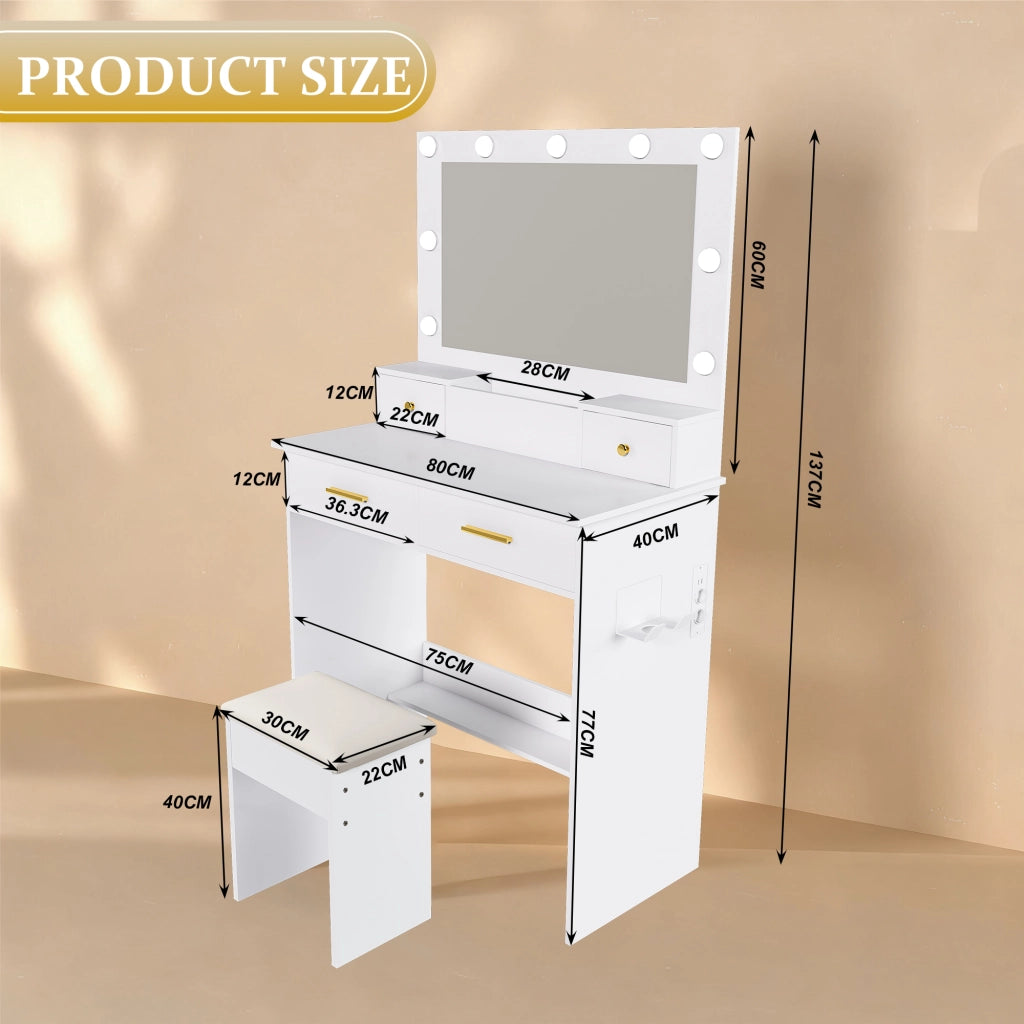 Tavolo da toeletta con illuminazione LED 3 livelli; presa elettrica; porta asciugacapelli; 4 cassetti; cestino; sgabello; Bianco; B80×H137×P40cm