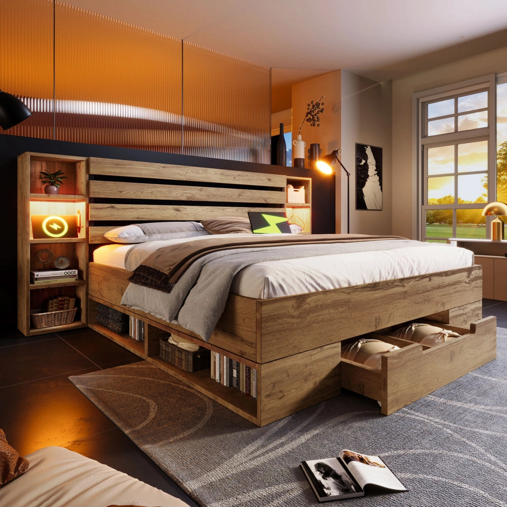 LETTO contenitore 180x200 cm con LED, USB e cassetti Rovere