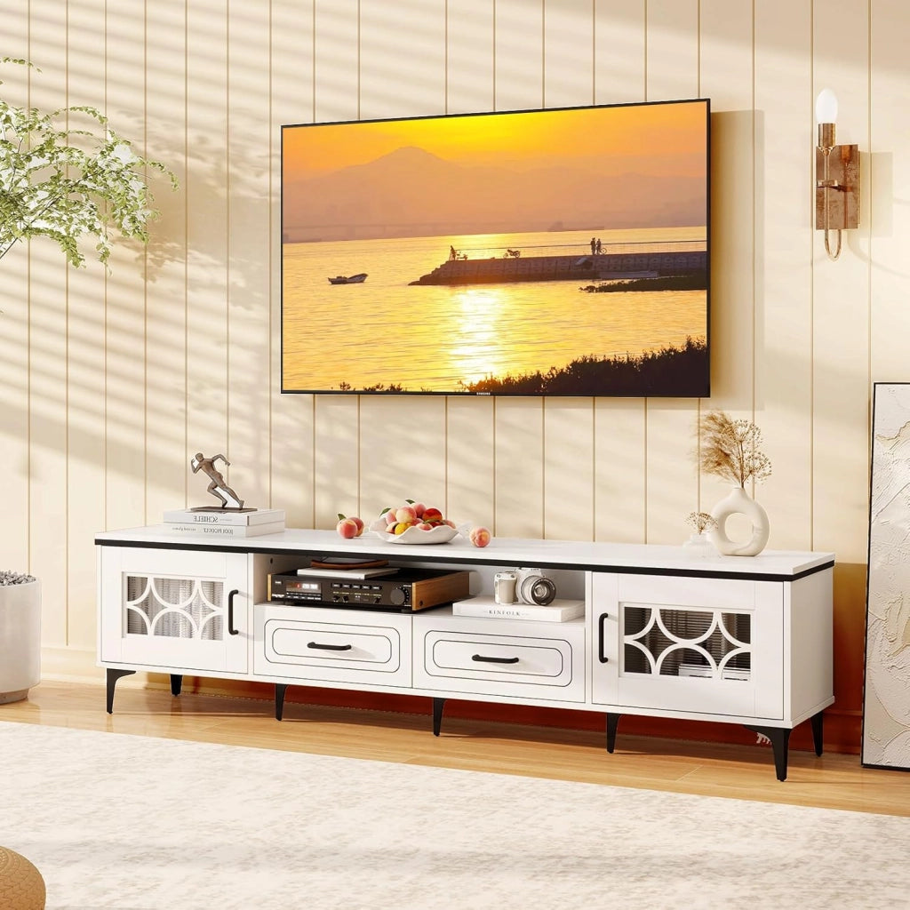 Mobile TV per TV fino a 80", supporto TV con scomparti aperti, armadi laterali e cassetti, 180,5 x 35 x 46 cm, porte con piano in PVC, per soggiorno, camera da letto (bianco)