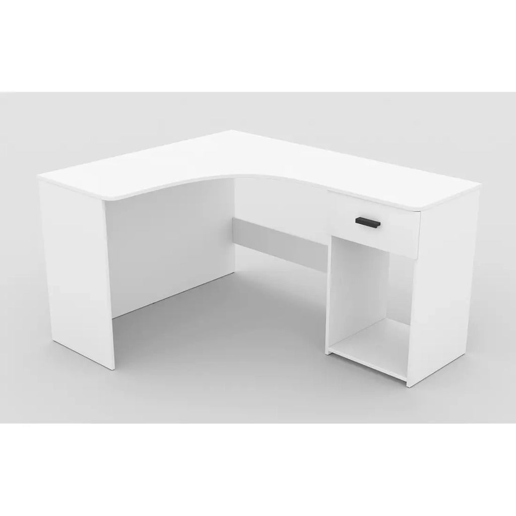Scrivania ad angolo LOUANE - Bianco opaco - Design moderno con cassettiera e vano portaoggetti
