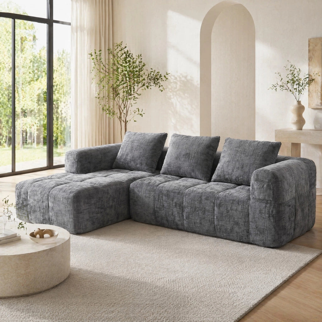 DIVANO angolare 250x158x60 cm in chenille grigio, con chaise longue e tasche laterali