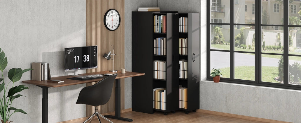 Libreria su ruote con 4 ripiani reversibile per soggiorno bagno cucina e ufficio in MDF nero 51.5 × 41 × 158 cm