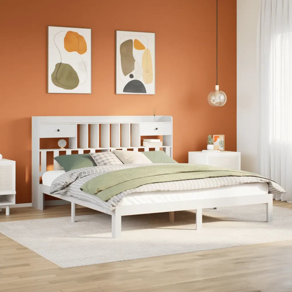 Letto matrimoniale | Letto per adulti | Giroletto con Libreria senza Materasso 180x200 cm in Legno Pino
