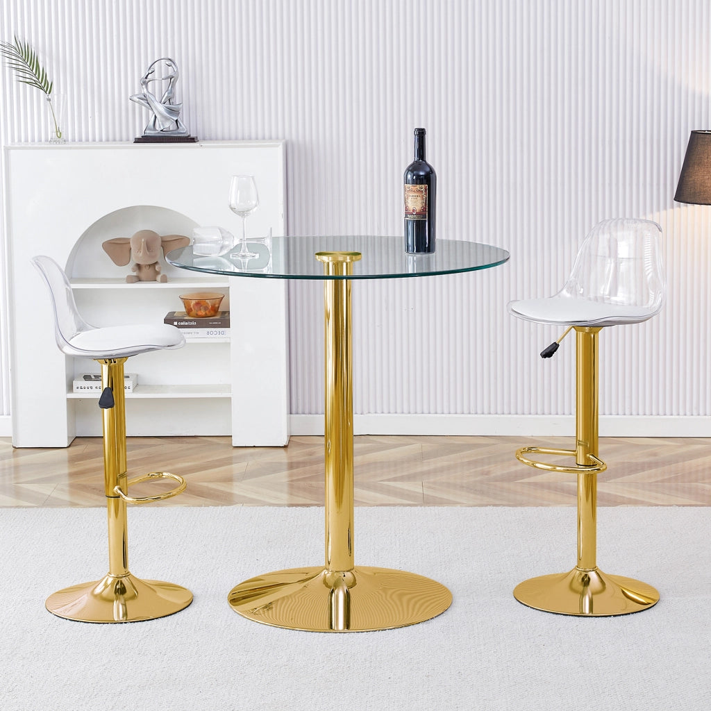 Set tavolo e sedie con 1 tavolo e 2 sgabelli regolabili e girevoli con poggiapiedi in vetro; metallo e plastica oro trasparente